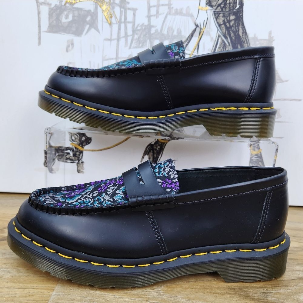 ☔️🩵NIB Dr. Martens Black & Rich Purple Floral Jacquard Penton Loafers Size 8 - Picture 8 of 15